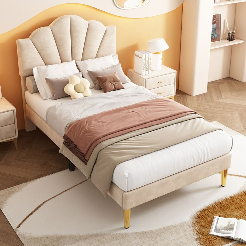 lit capitonné en velours, 90200 cm, lit forme coquille avec pieds en fer doré, tête de lit réglable en hauteur, sommier à lattes en bois, beige