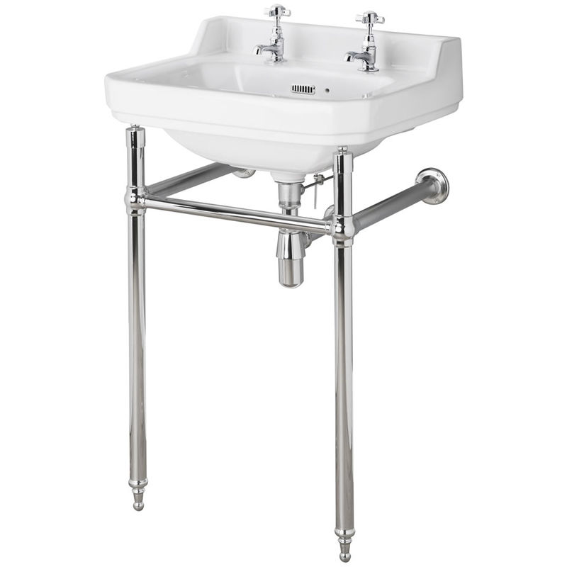 Richmond - Traditional White Ceramic Bathroom Basin Sink and Washstand with Two Tap Holes and Integral Towel Rail - 500mm x 350mm - Milano
