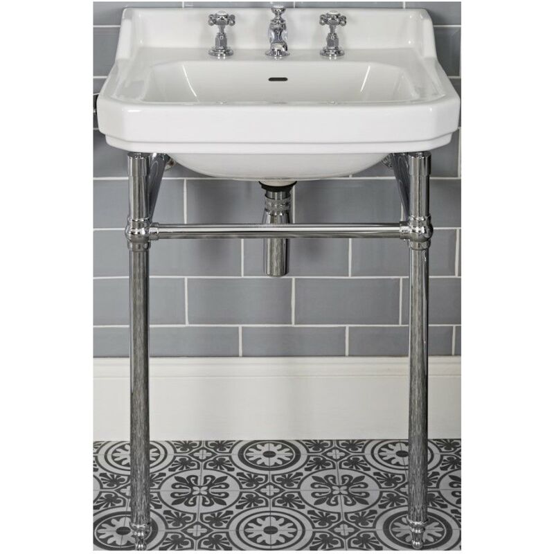 Richmond - Traditional White Ceramic Bathroom Basin Sink and Washstand with Three Tap Holes and Integral Towel Rail - 560mm x 450mm - Milano
