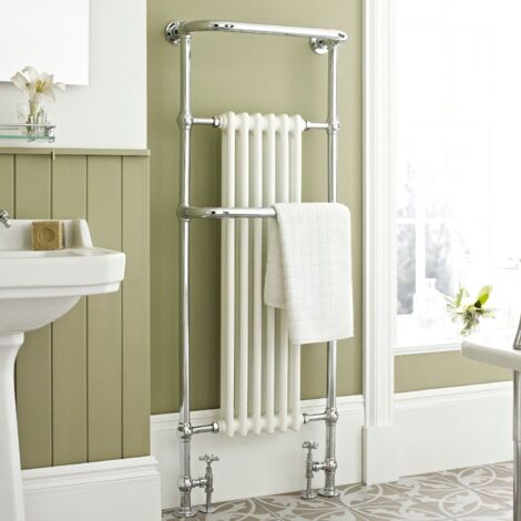 Old London Brampton Chrome 1500mm x 575mm Floor Mounted Heated Towel Rail with White Column Radiator - LDR008