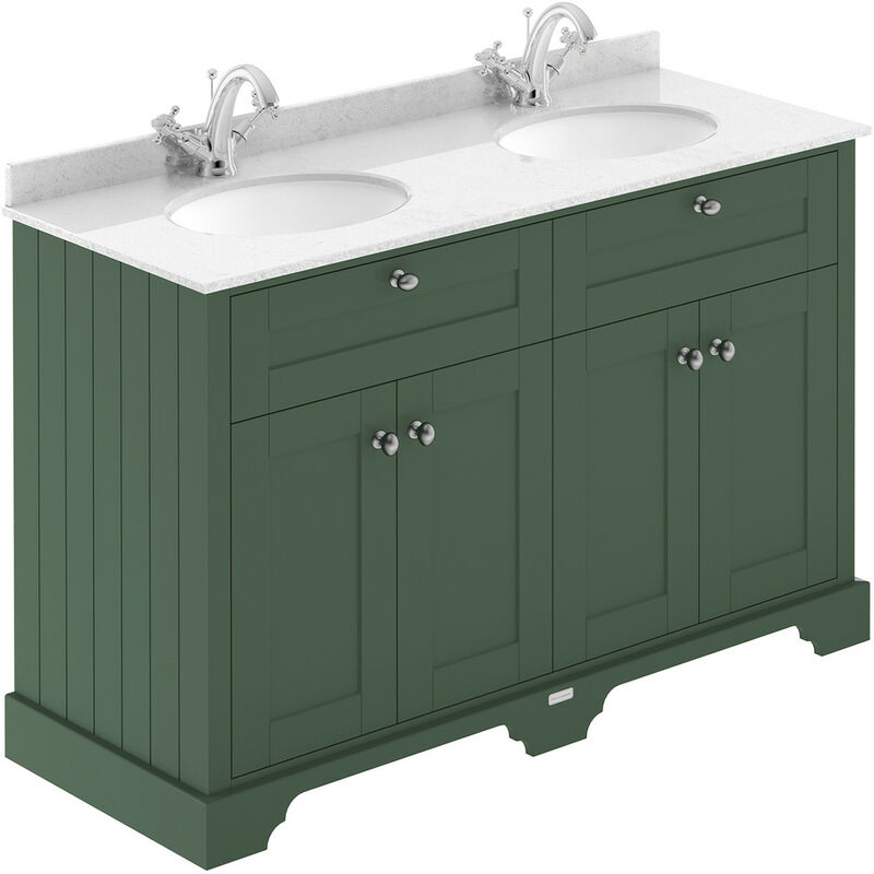 Image of Hunter Green 1200mm 4 Door Vanity Unit with White Marble Top and Double 1 Tap Hole Basins - LOF864 - Hunter Green - Old London