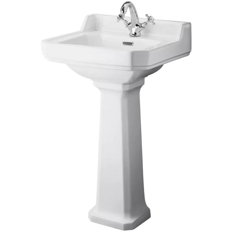 Richmond - Traditional White Ceramic Bathroom Cloakroom Basin Sink with Full Pedestal and One Tap Hole - 500mm x 350mm - Milano