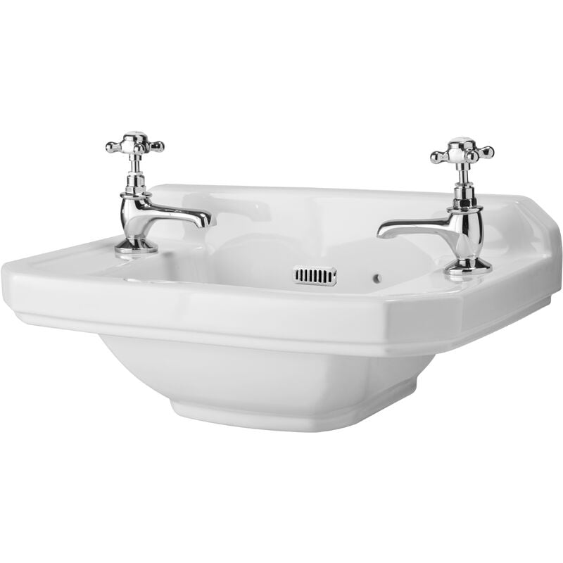 Richmond - Traditional White Ceramic Wall Hung Square Bathroom Basin Sink with Two Tap Holes - 515mm x 300mm - Milano