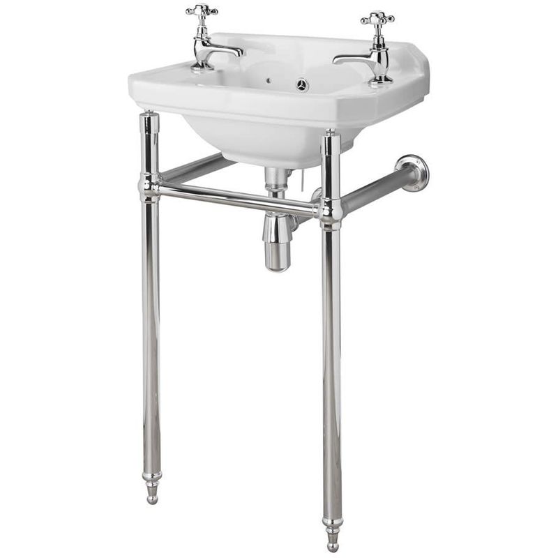 Richmond - Traditional White Ceramic Bathroom Cloakroom Basin Sink and Washstand with Two Tap Holes and Integral Towel Rail - 515mm x 300mm - Milano