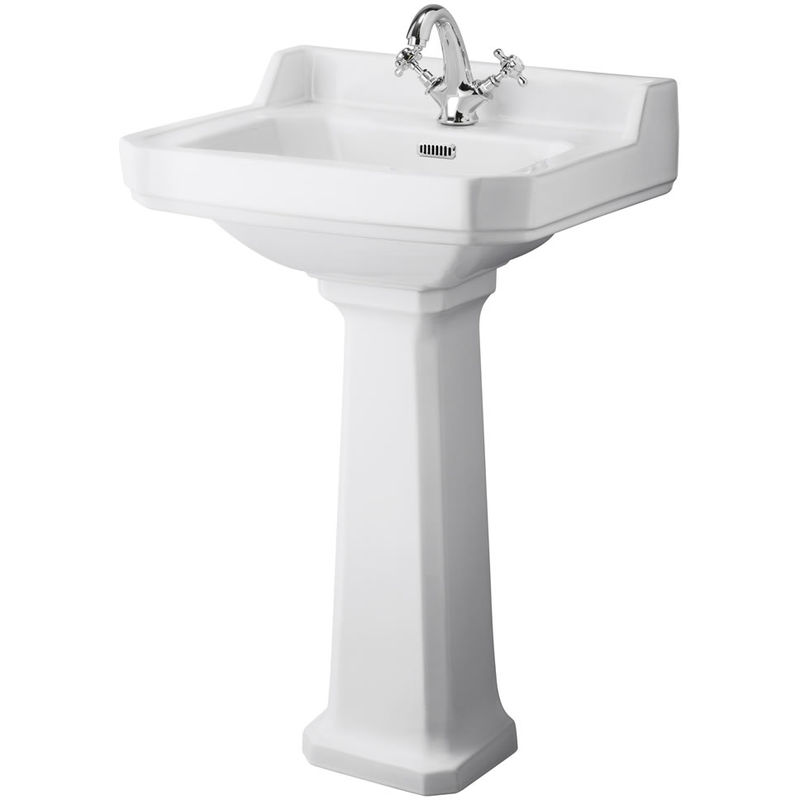 Richmond - Traditional White Ceramic Bathroom Basin Sink with Full Pedestal and One Tap Hole - 560mm x 450mm - Milano