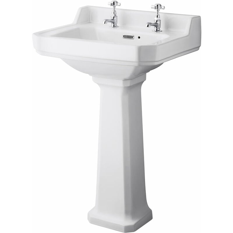 Richmond - Traditional White Ceramic Bathroom Basin Sink with Full Pedestal and Two Tap Holes - 560mm x 450mm - Milano