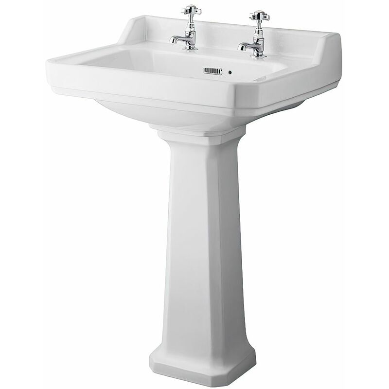 Richmond - Traditional White Ceramic Bathroom Basin Sink with Full Pedestal and Two Tap Holes - 595mm x 470mm - Milano