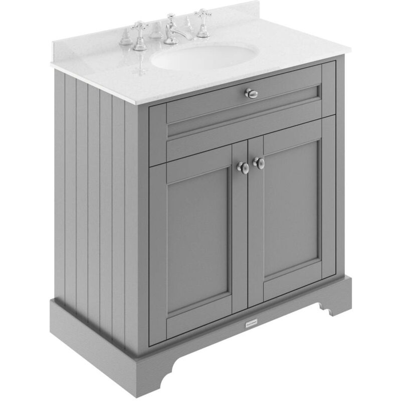 Old London Storm Grey 800mm 2 Door Vanity Unit with White Marble Top and Basin with 3 Tap Holes - LOF231