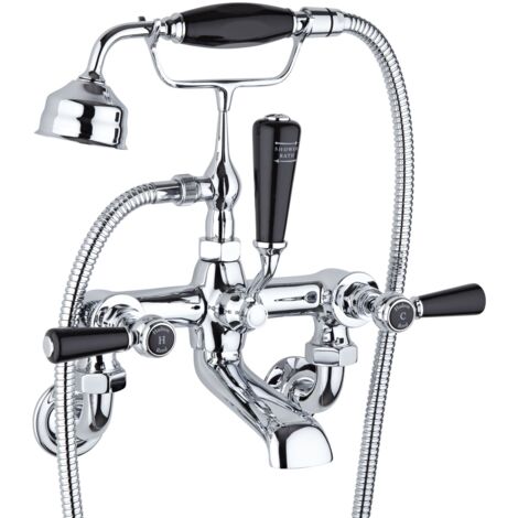 Old London Topaz Black Lever Wall Mounted Chrome Bath Shower Mixer Tap and Shower Kit with Hex Collar - BC404HLWM