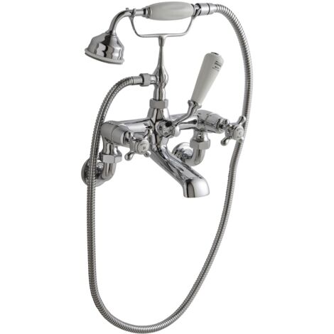 Old London Topaz White Crosshead Wall Mounted Chrome Bath Shower Mixer Tap and Shower Kit with Dome Collar - BC304DXWM