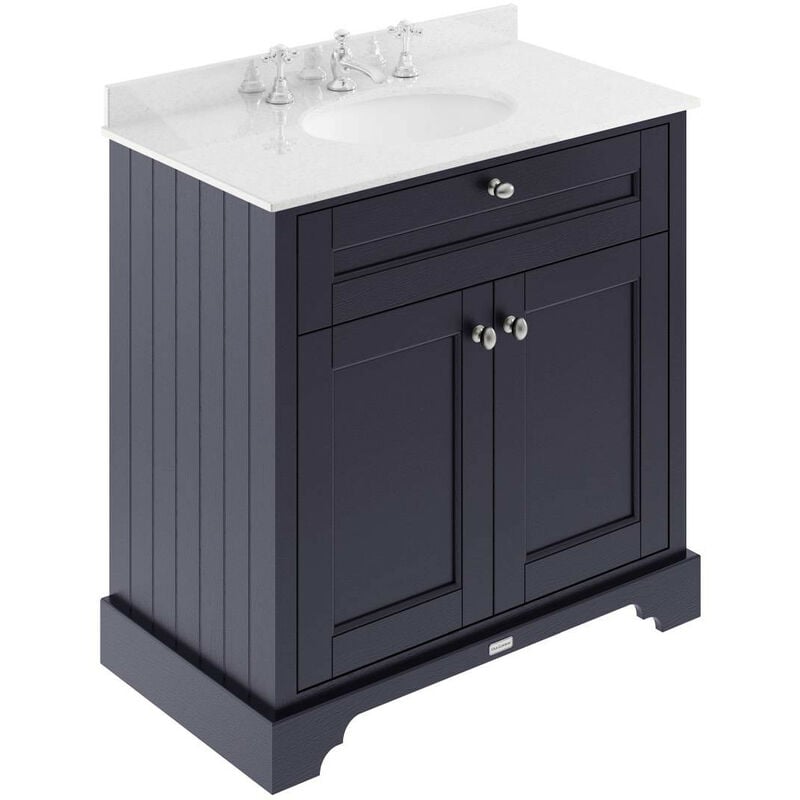 Old London Twilight Blue 800mm 2 Door Vanity Unit with White Marble Top and Basin with 3 Tap Holes - LOF331