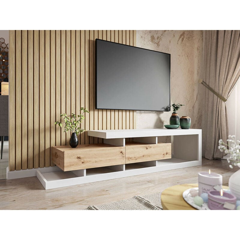 Bestmobilier - Olga - meuble tv - bois et blanc - 198 cm - style scandinave - bois / blanc
