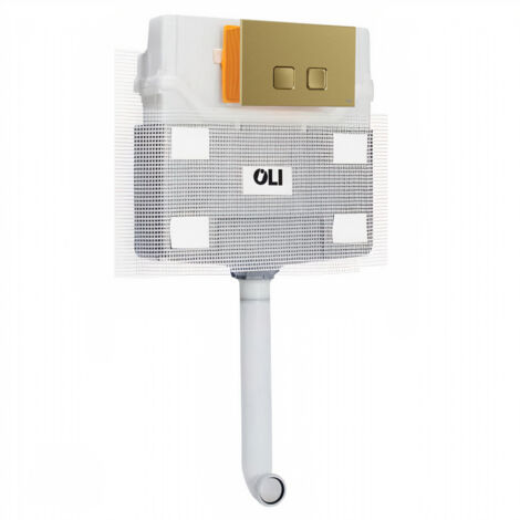 OLI 120 Plus Mechanical Mid Height Concealed Cistern and Basal Brushed Brass Soft Touch Dual Flush Plate with Square Push Buttons