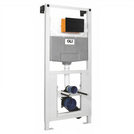 OLI 120 Plus Mechanical Mid Height Concealed Cistern with Wall Frame and Slim Matt Black Dual Flush Plate with Rectangular Buttons