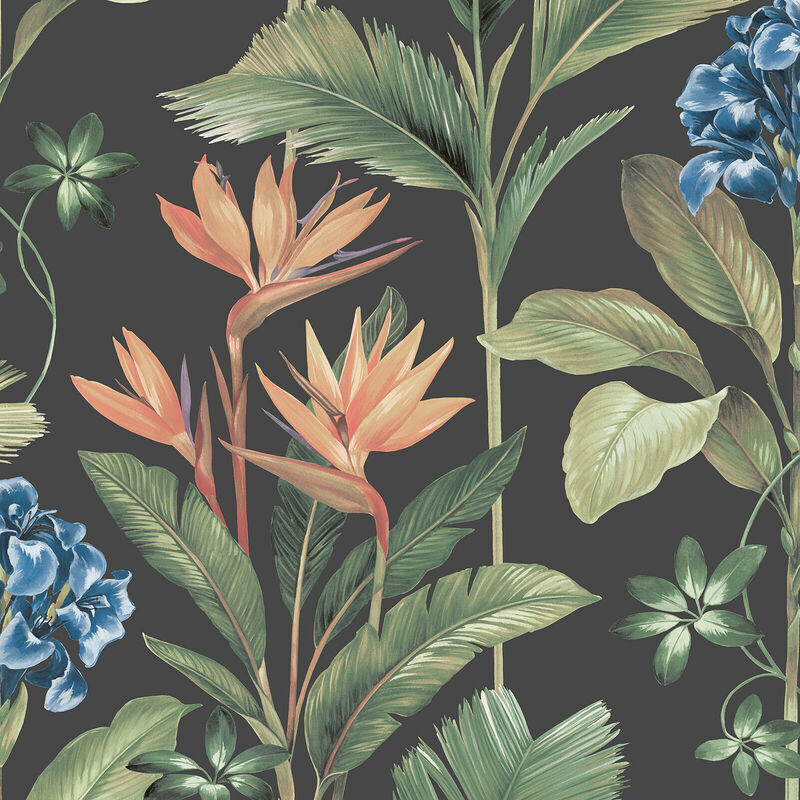 Belgravia Decor - Floral Tropical Palm Leaves Flowers Charcoal Green Belgravia Oliana Wallpaper