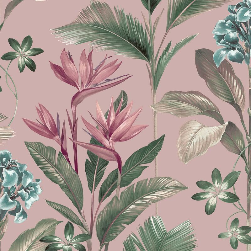 Belgravia Decor - Oliana Pink Wallpaper Green Blue Teal Floral Tropical