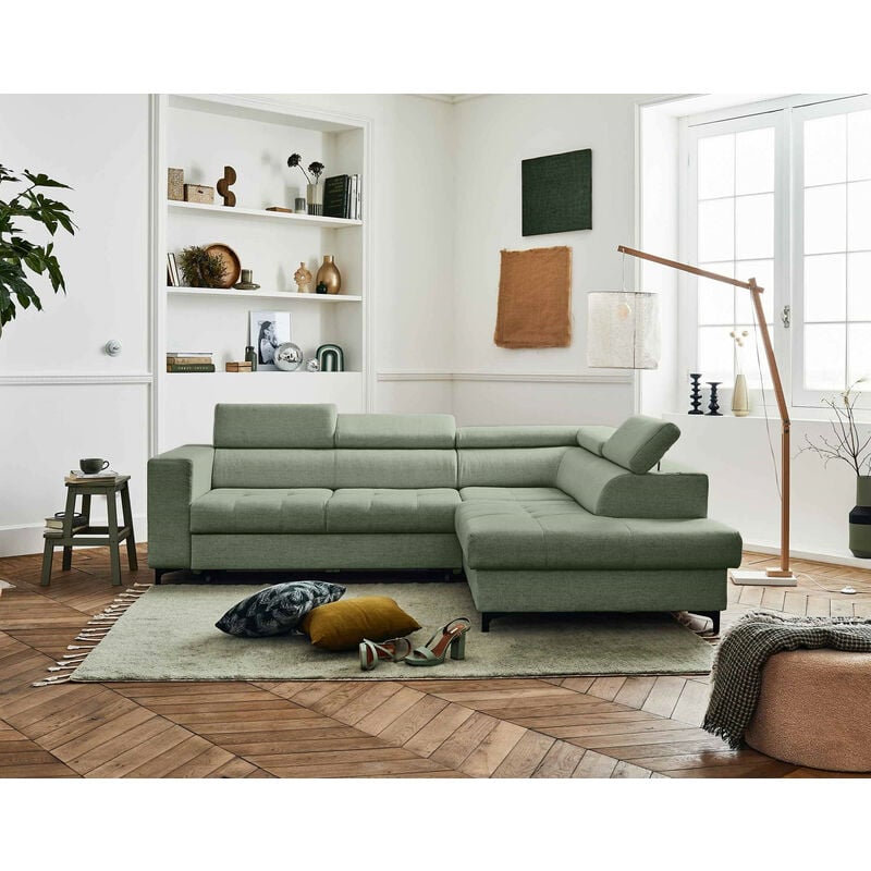 Lisa Design - Olinda - canapé d'angle droit - 5 places - convertible avec coffre et têtières réglables - en tissu - vert sauge