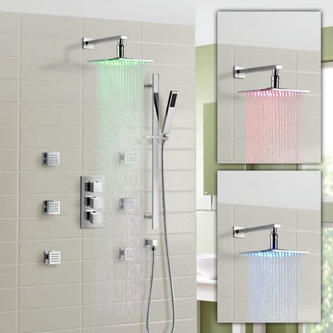 Olive Bathroom Concealed 3 Way Thermostatic Shower Mixer Hydro Power Led Head & Massager Jet