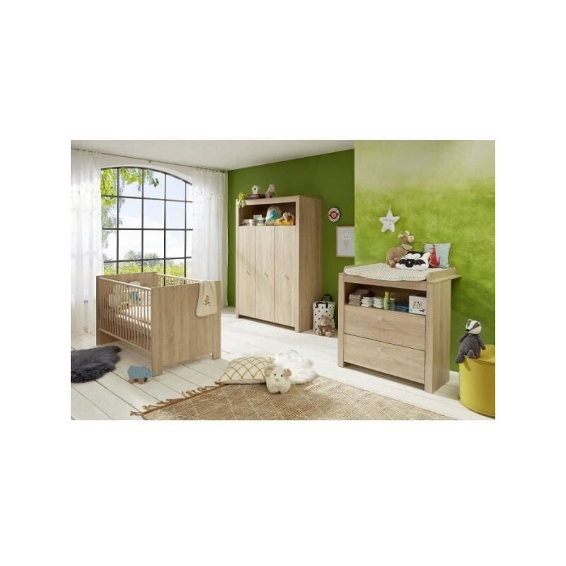 Les Tendances - Chambre bébé Trio : Lit 70 x 140 cm + Commode a langer + Armoire olivia - Chene - trend team