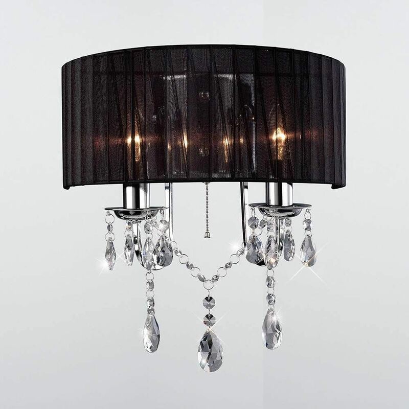 09diyas - Olivia wall light with switch with black lampshade 2 Polished chrome / crystal bulbs