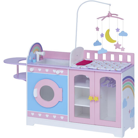 Olivia's Little World by Teamson Kids Wooden Interactive 6-in-1 Baby Doll Changing Table Station Nursery Doll House Playset with 6 Accessories & Storage Pink/Purple TD-13522A