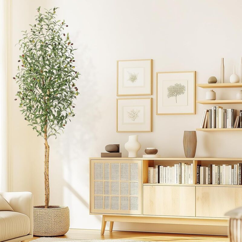 Olivier artificiel avec pot blanc - 210 cm - Grande plante verte - Décoration pour la maison, la chambre à coucher, le bureau, le jardin, le salon