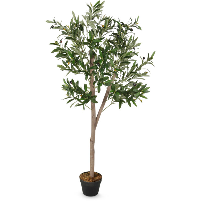 Spetebo - Olivier artificiel en pot noir avec 32 olives - 150 x 70 cm - Arbre artificiel en pot avec 928 feuilles