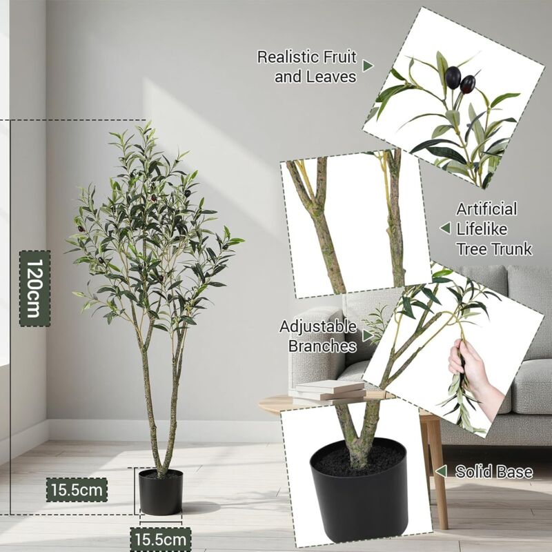 Olivier Artificiel, Plantes Artificielles Intérieur Extérieur, Grande Plante Artificielle, Fausse Plante Verte Décoration- 120cm