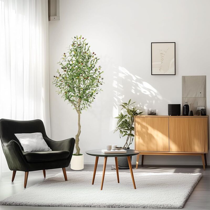Lunsy - Olivier - Plantes artificielles - 180 cm - Avec pot blanc - Pour la maison, le salon, la chambre à coucher, le bureau - Décoration moderne