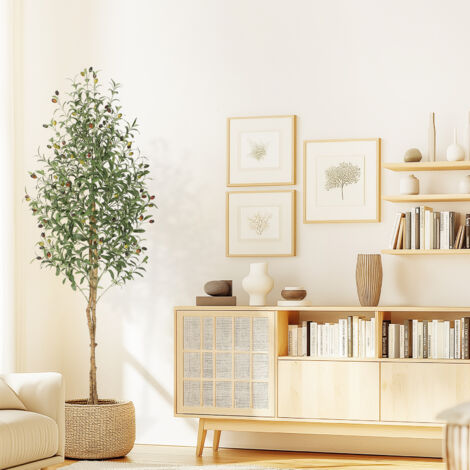 Oliviers artificiels d'intérieur, 1,8 m de haut, fausse plante en soie blanche, faux oliviers avec tronc en bois naturel et fausse mousse verte pour décoration de maison ou de bureau, 1PC