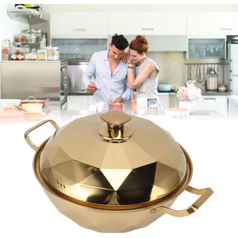 Olla a presión de acero inoxidable de dos niveles, modelo 201, con tapa y asa, color dorado.