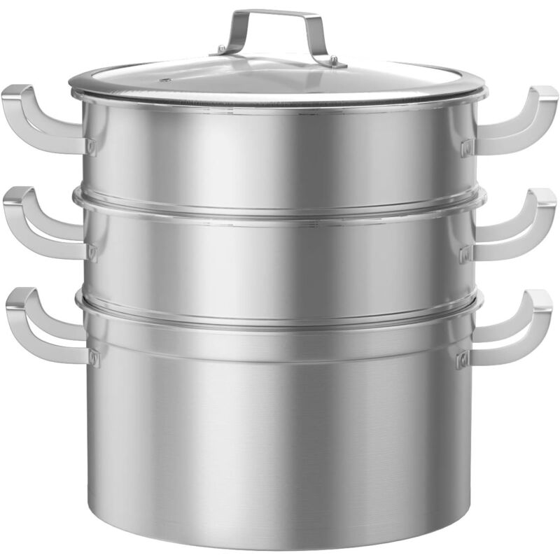 

Olla de Vapor con 3 Niveles Utensilios de Cocina de Acero Inoxidable Olla con Asas en Ambos Lados y Tapa Transparente de Vidrio Templado