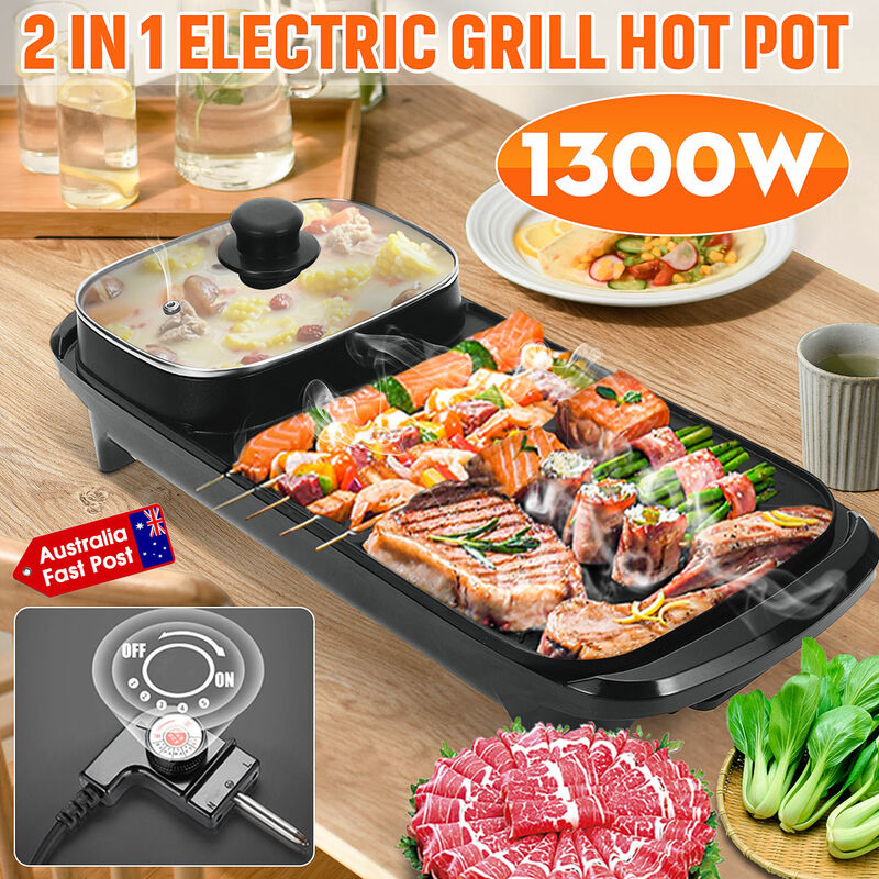 

Olla Eléctrica Multifuncional 2 en 1 de 1300 W, Sartén Antiadherente para Barbacoa, Olla para Fiesta Familiar