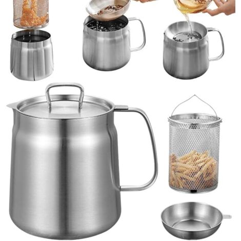 Olla freidora con cesto, mini olla freidora, contenedor de grasa con filtro de malla fina, contenedor de grasa, lata de grasa, colador de grasa con asa, olla con filtro de aceite de 2L para freír, coc