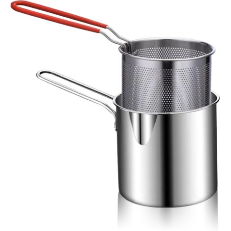 Olla freidora pequeña con cesta, mini freidora de aceite, utensilios de acero inoxidable 304 con mango de silicona antiescaldaduras, ideal para freír tempura, patatas fritas, pescado y pollo.
