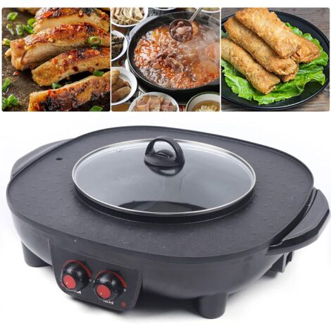 Ollas Eléctricas 2 en 1 Olla y parrilla multifunción Doble separación Olla Barbacoa Control individual de temperatura Revestimiento antiadherente para 5-6 personas