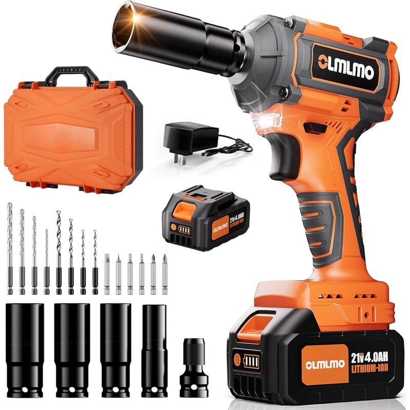 Olmlmo Clé à Chocs sans Fil, 1/2 Brushless 400N.m (294ft-lbs), Boulonneuse a Choc avec 4000mAh Batterie, Chargeur Rapide, avec 4 Douilles à Chocs