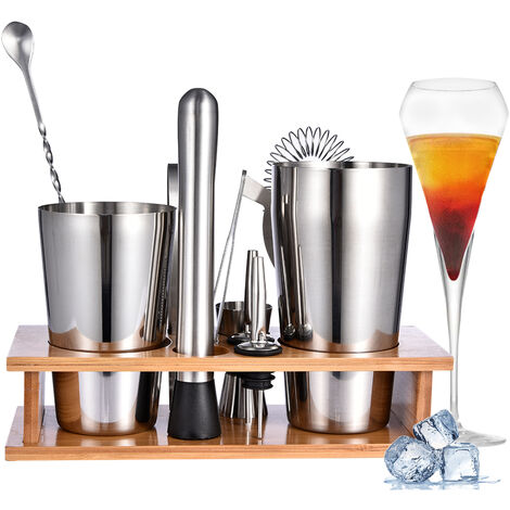 OLYMAGIC Ensemble d'outils de bar à cocktail 11 pièces, shaker à cocktail en acier inoxydable avec base en bois, outils de barman à cocktail, parfait pour la maison, les fêtes, les recettes exclusives
