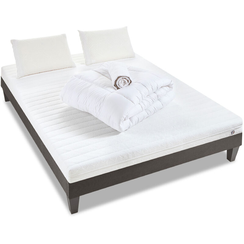 LITERIE | Pack Prêt à dormir Egio 140x190 cm | Matelas Latex Like + Sommier Bois + Accessoires - Blanc - Olympe