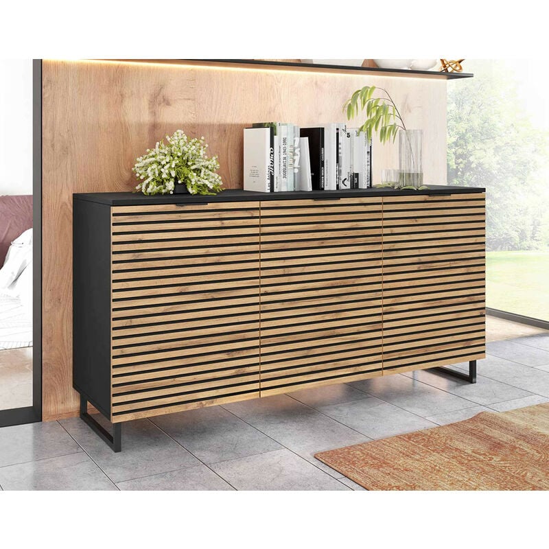 Bestmobilier - Olympie - buffet bas - bois et noir - 150 cm - noir / bois