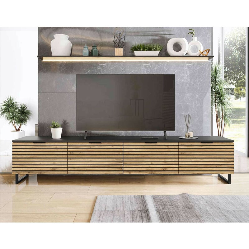Olympie - meuble tv - bois et noir - 200 cm