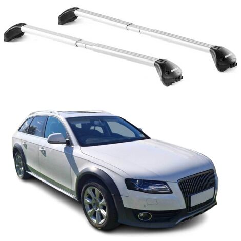 OMAC Barres de toit transversales certifiées TÜV pour Audi A4 B8 Allroad 2009-2016 – Verrouillables (4 antivols) – Charge max 100 kg – Sangle inox + protection caoutchouc Argent