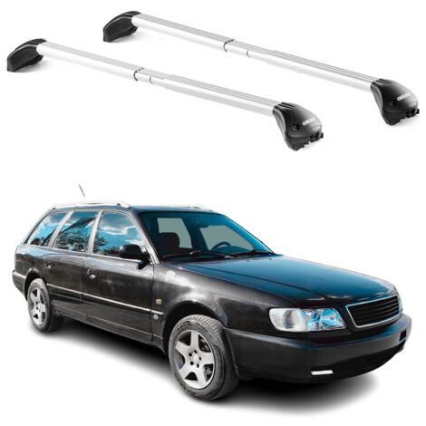 OMAC Barres de toit transversales certifiées TÜV pour Audi A6 C4 C5 Avant 1994-2004 – Verrouillables (4 antivols) – Charge max 100 kg – Sangle inox + protection caoutchouc Argent