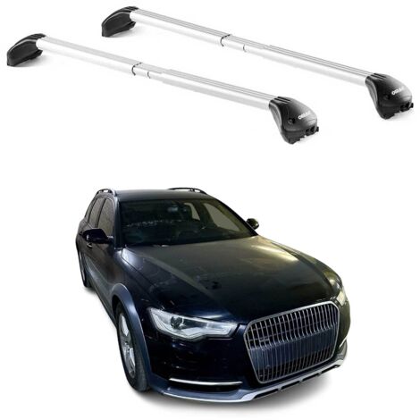 OMAC Barres de toit transversales certifiées TÜV pour Audi A6 C7 Allroad 2012-2018 – Verrouillables (4 antivols) – Charge max 100 kg – Sangle inox + protection caoutchouc Argent