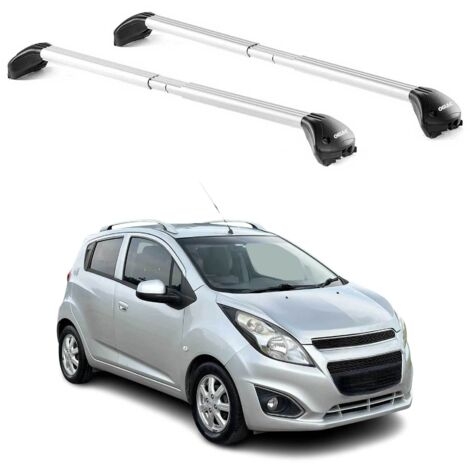 OMAC Barres de toit transversales certifiées TÜV pour Chevrolet Spark M300 2010-2015 5 Portes – Verrouillables (4 antivols) – Charge max 100 kg – Sangle inox + protection caoutchouc Argent