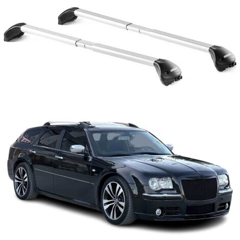 OMAC Barres de toit transversales certifiées TÜV pour Chrysler 300C Touring 2004-2010 – Verrouillables (4 antivols) – Charge max 100 kg – Sangle inox + protection caoutchouc Argent