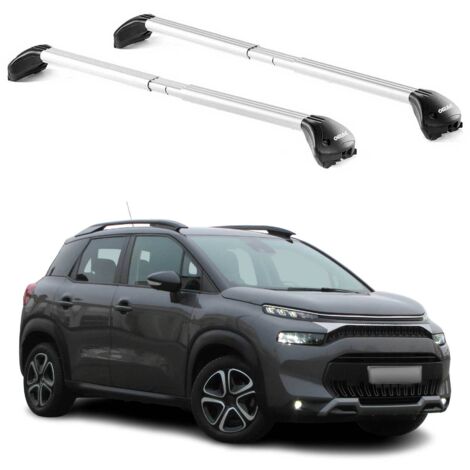 OMAC Barres de toit transversales certifiées TÜV pour Citroën C3 Aircross 2017-2024 – Verrouillables (4 antivols) – Charge max 100 kg – Sangle inox + protection caoutchouc Argent