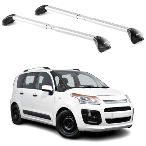 OMAC Barres de toit transversales certifiées TÜV pour Citroën C3 Picasso 2009-2016 – Verrouillables (4 antivols) – Charge max 100 kg – Sangle inox + protection caoutchouc Argent