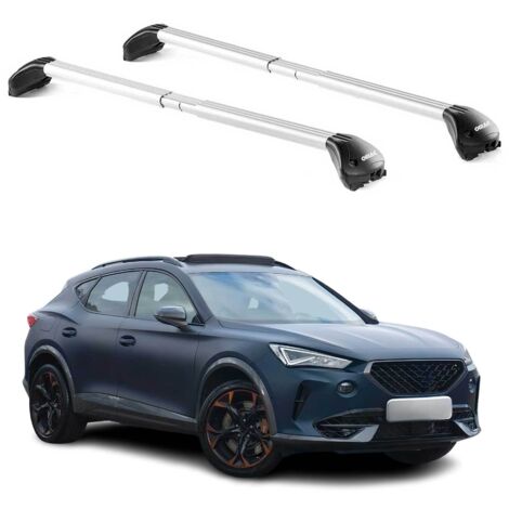 OMAC Barres de toit transversales certifiées TÜV pour Cupra Formentor 2020-2026 – Verrouillables (4 antivols) – Charge max 100 kg – Sangle inox + protection caoutchouc Argent