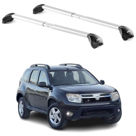 OMAC Barres de toit transversales certifiées TÜV pour Dacia Duster mk1 2010-2013 Pre-FL – Verrouillables (4 antivols) – Charge max 100 kg – Sangle inox + protection caoutchouc Argent